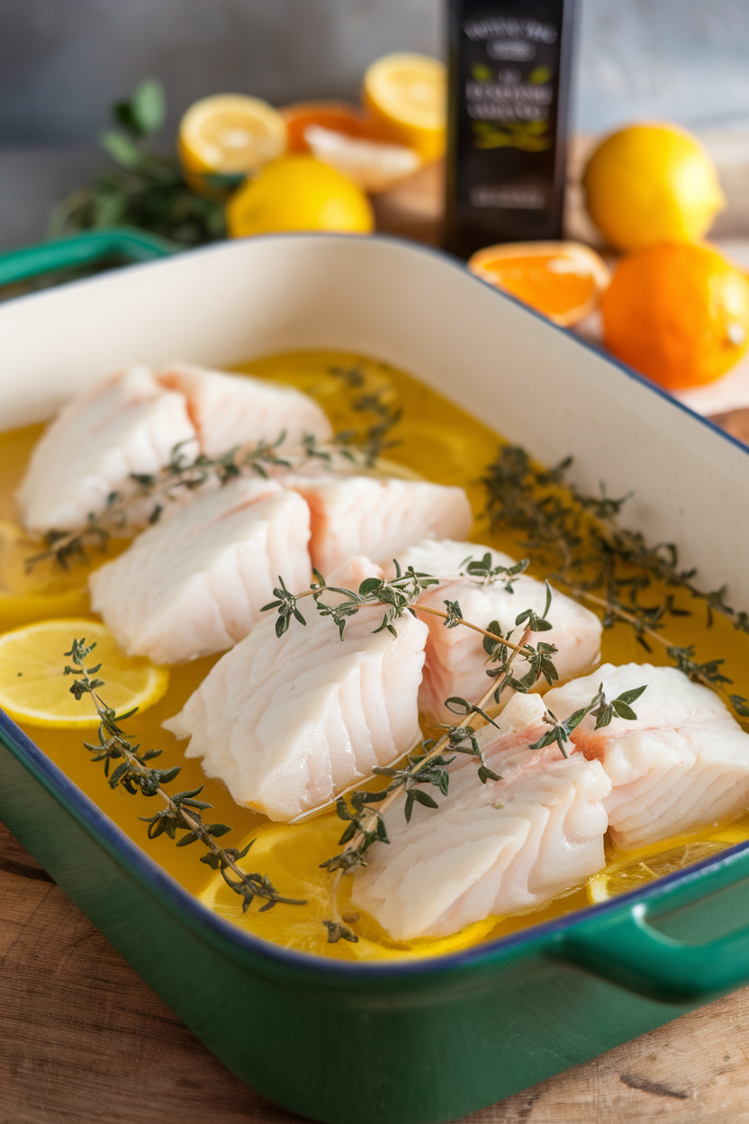 Photo, indoor casserole dish of poached cod fillets bathed in citrus-infused olive oil with thyme sprigs; no text or logos.