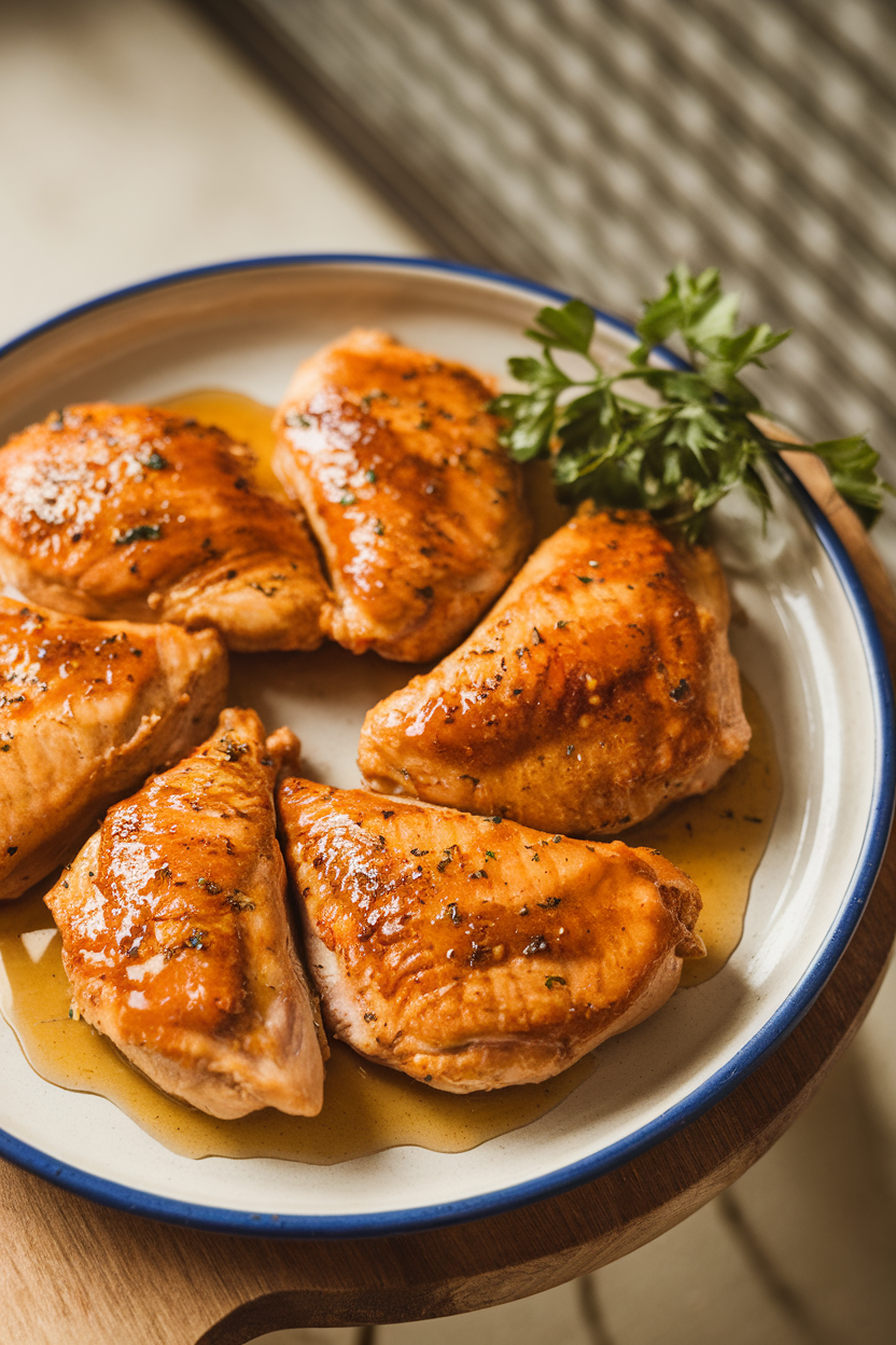 Indoor photo of golden chicken breast fillets coated in sticky honey-garlic glaze on a ceramic platter; soft overhead light, no text or logos