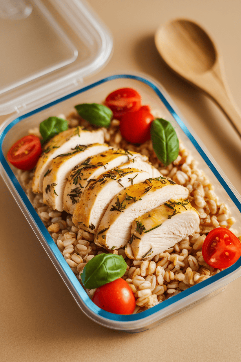 Photo of a meal-prep container indoors with sliced lemon-basil chicken over farro, cherry tomatoes mixed in, no text or logos.