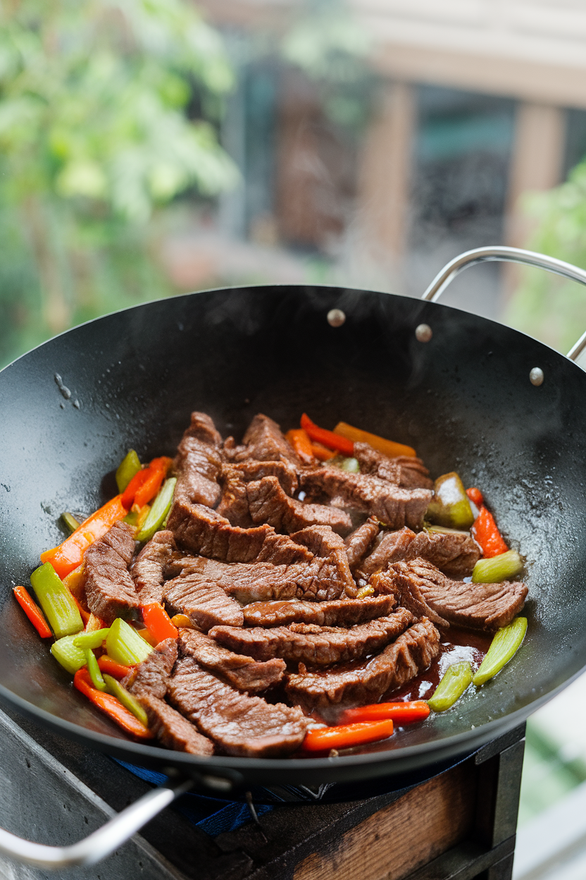 Wok full of cooked beef strips and colorful vegetables in soy-ginger sauce, steam visible indoors. No text or logos. Photo.
