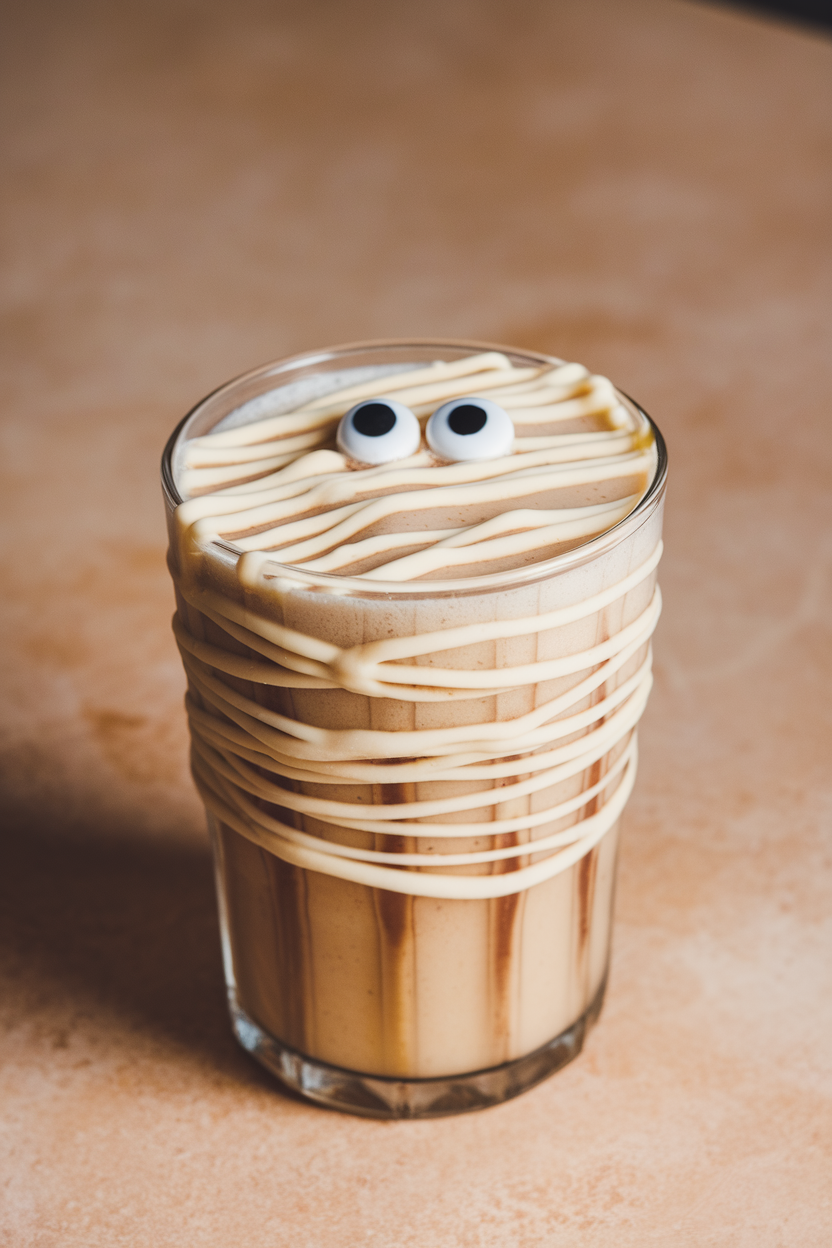 Indoor photo of a banana shake in a clear glass wrapped with thin lines of white chocolate drizzle resembling mummy bandages, with two candy eyes peeking out. No text or logos present.