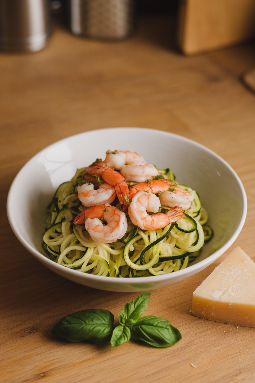 Indoor photo of a white bowl holding spiralized zucchini noodles tossed in basil pesto and topped with cooked shrimp. Warm overhead light, no text or logos.