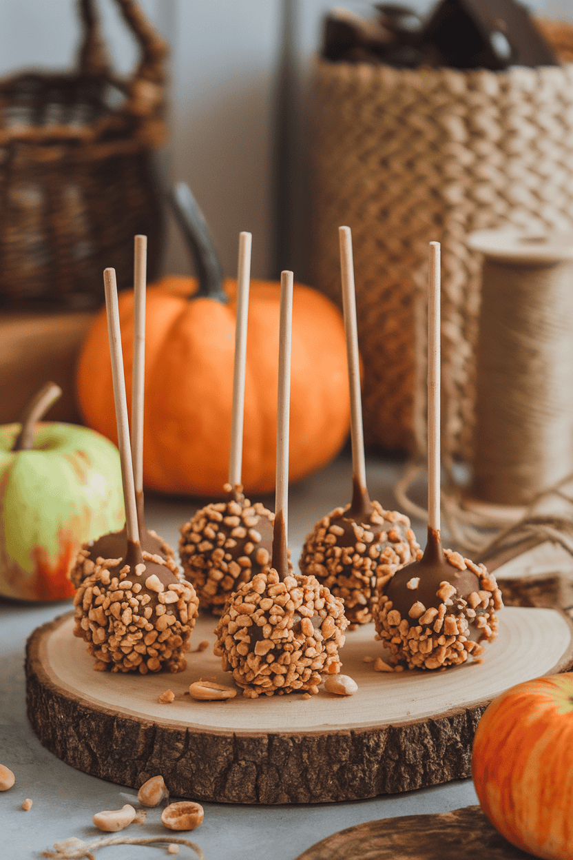 Apple-flavored cake pops coated in caramel-tinted chocolate and rolled in chopped peanuts, indoor fall décor background, no logos or text. Photo.