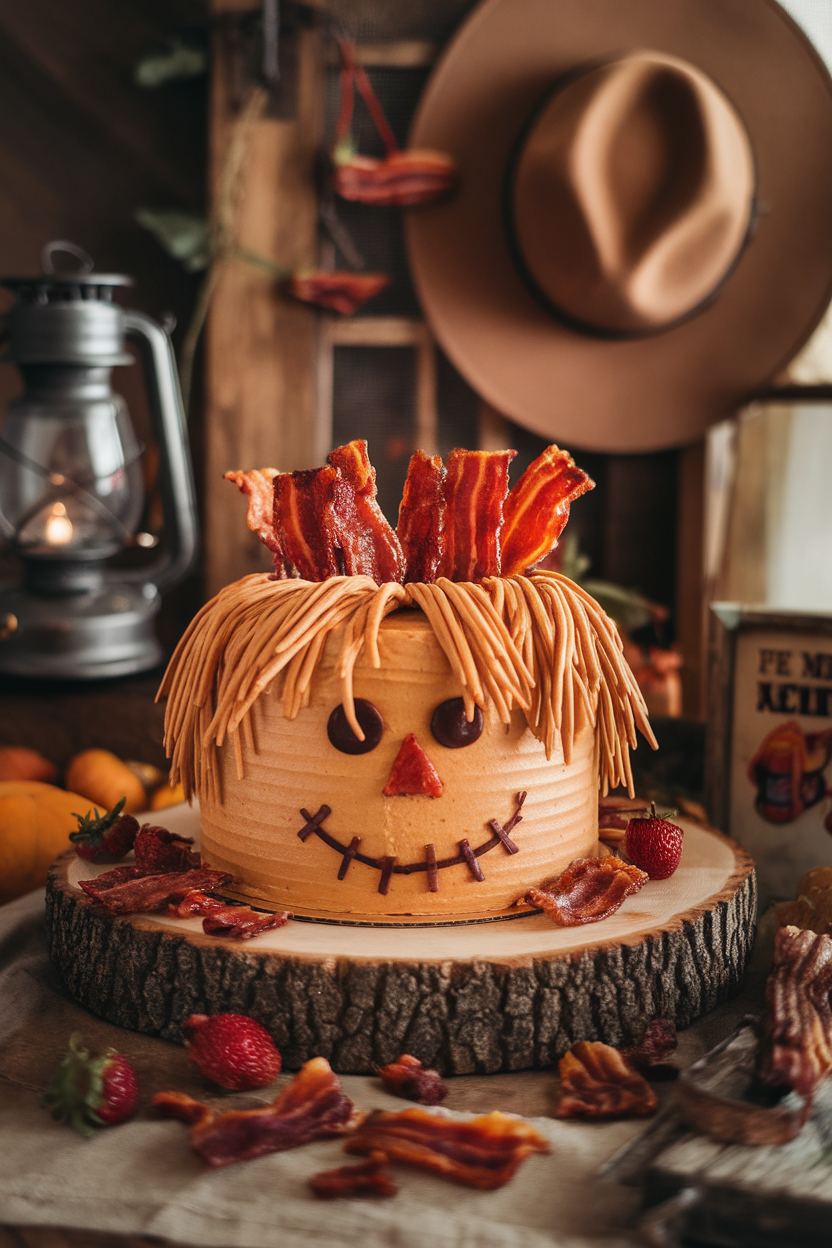 Indoor photo of a maple cake topped with candied bacon “straw” arranged like scarecrow hair, warmly lit. No text or logos.