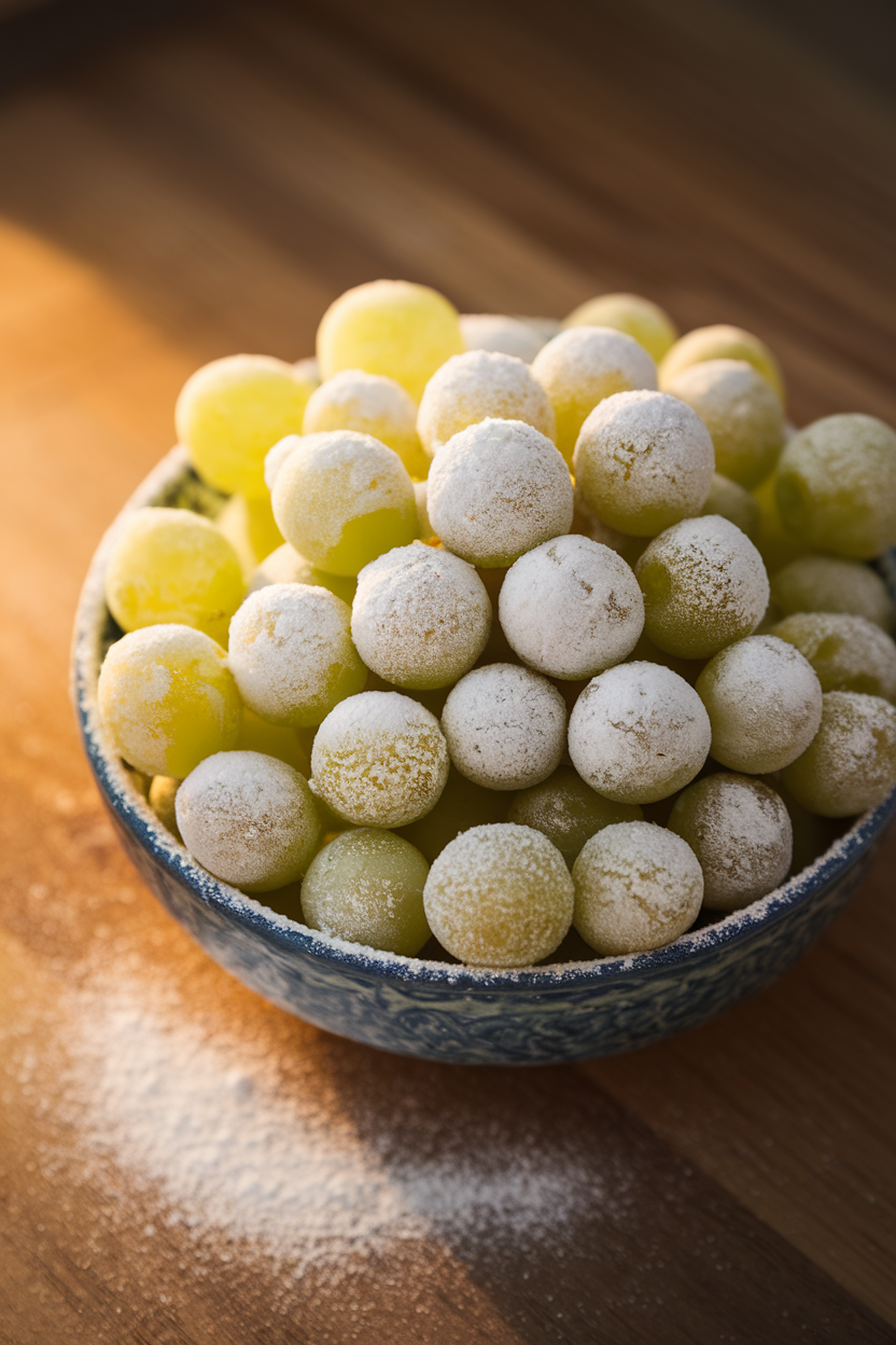 An indoor bowl of frozen green grapes lightly dusted with powdered sugar, giving a frosty, ghost-like look under warm lights. No text or logos.