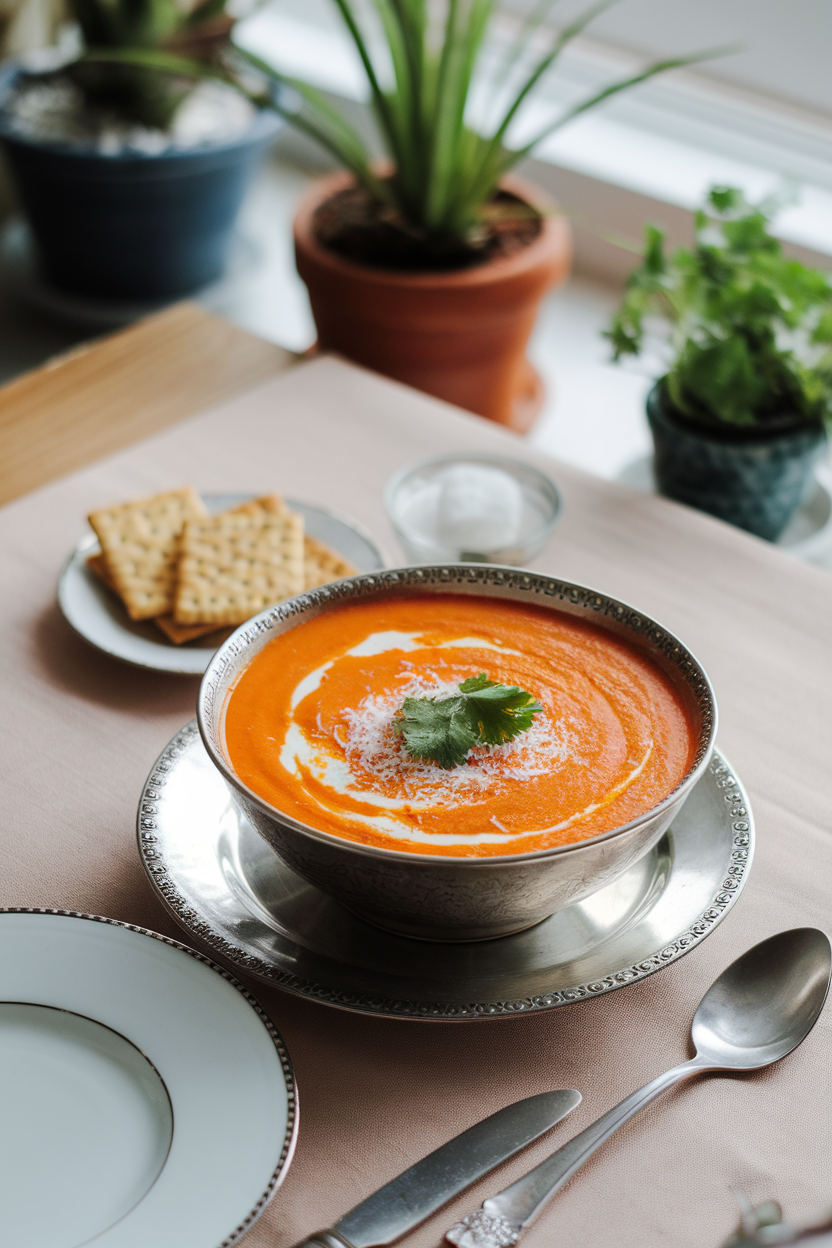 Photo of an indoor table setting with a bowl of velvety orange carrot soup swirled with coconut milk; no text or logos
