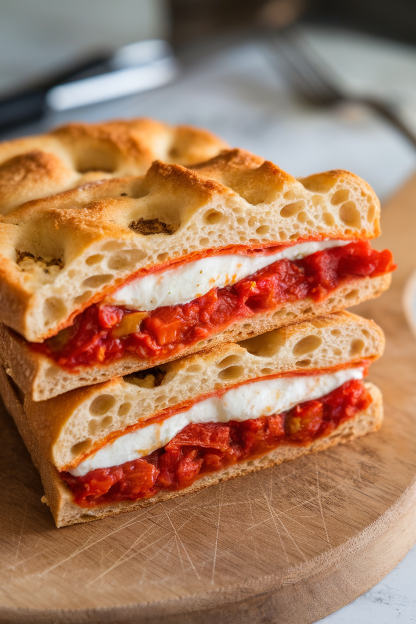 Photo of a sliced focaccia sandwich filled with peperonata and fresh mozzarella on an indoor board; no text or logos.