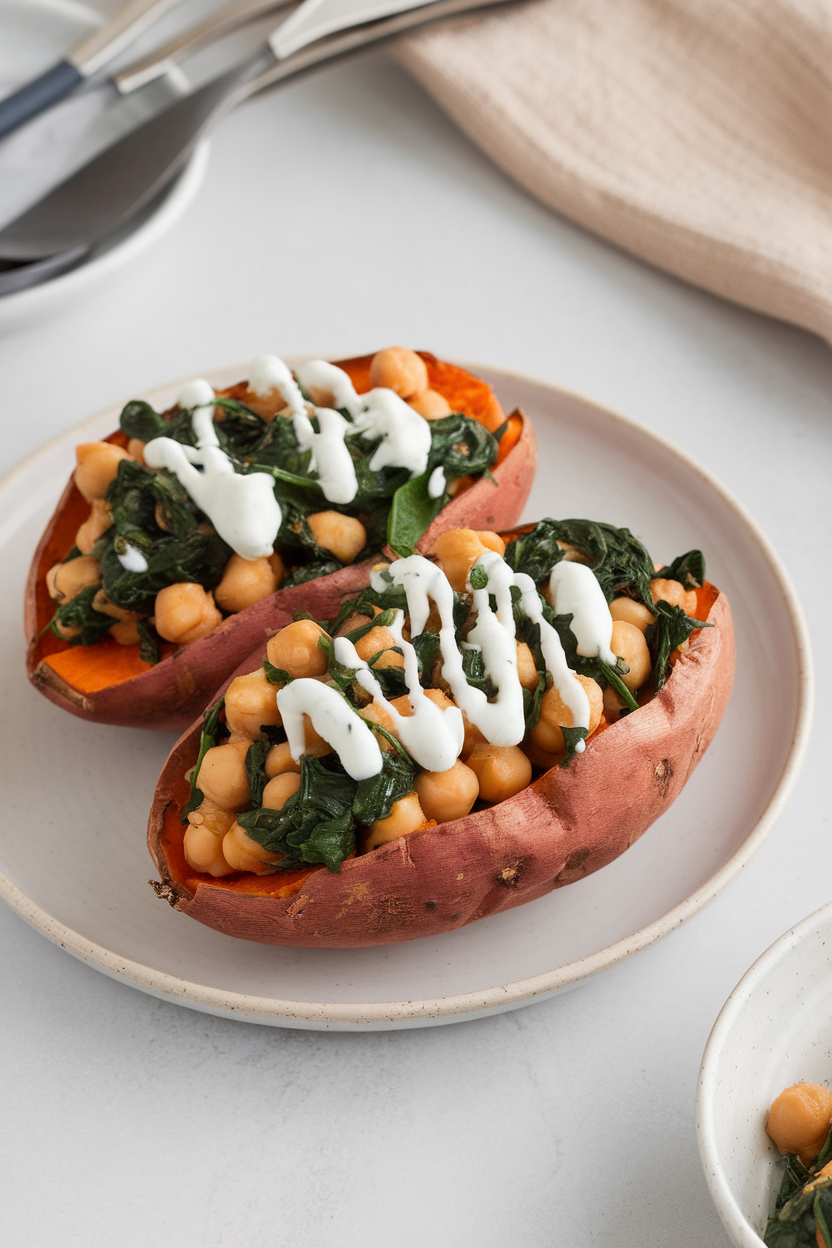 An indoor plate with halved baked sweet potatoes overflowing with spinach, chickpeas, and tzatziki drizzled on top. No text or logos anywhere.