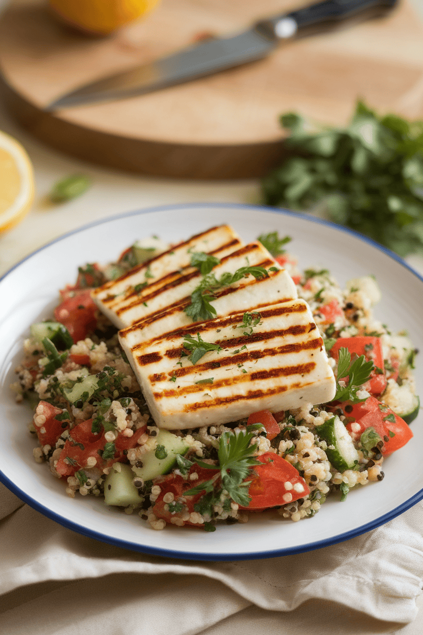 An indoor plating scene showing grilled halloumi slices beside a bowl of tomato-cucumber tabbouleh. Soft lighting, no branding anywhere.