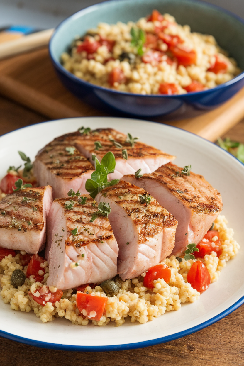 Indoor photo of seared swordfish steaks sliced over tomato-caper couscous, garnished with oregano. No logos or text.