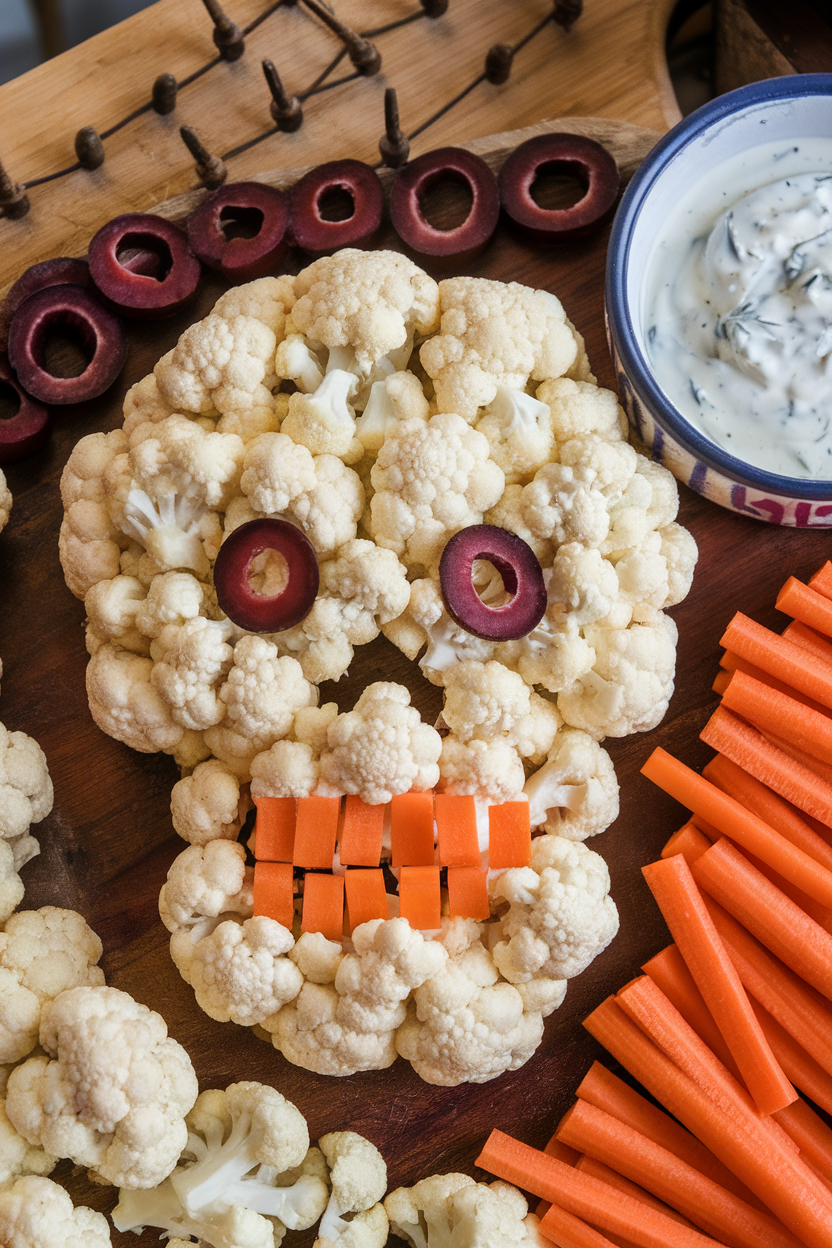 Photo of an indoor serving board where cauliflower florets form a skull shape, with olive eyes and carrot stick teeth, ranch dip nearby. No text or logos.