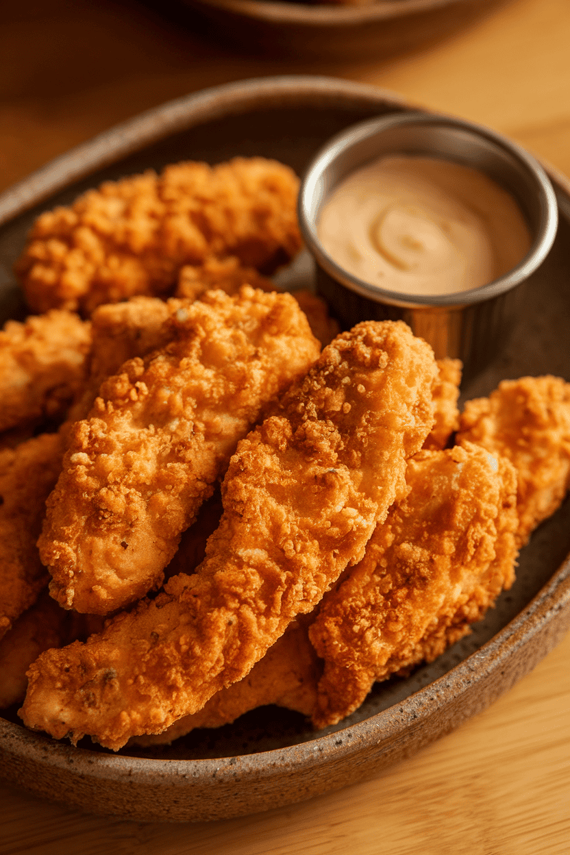 Indoor photo of a ceramic plate piled with golden, panko-crusted chicken breast strips, a small ramekin of dipping sauce on the side. Slight overhead angle, warm lighting, no text or logos visible.