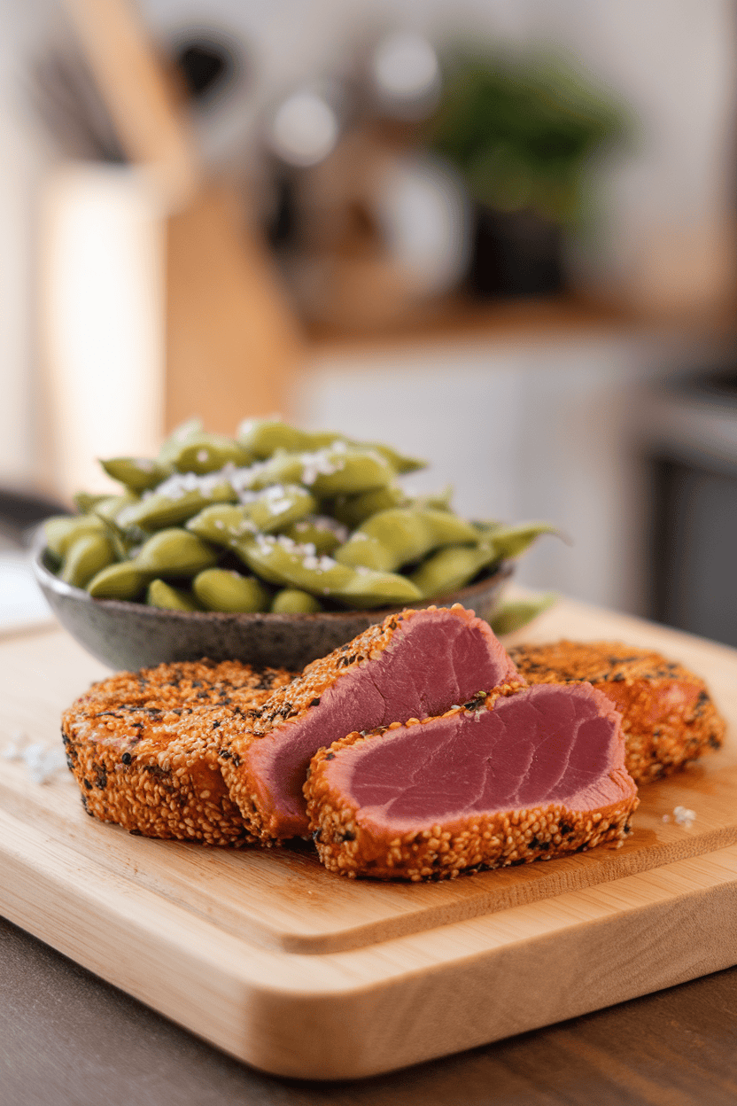 Indoor cutting board with sliced sesame-coated tuna steaks cooked medium, edamame sprinkled with sea salt beside them. Photo only, no logos or text.