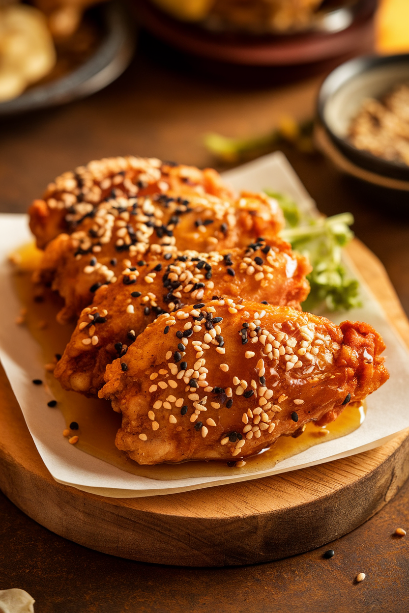 Indoor table showing fried chicken breasts glazed with honey and sprinkled with toasted white and black sesame seeds, photo only, no text or logos