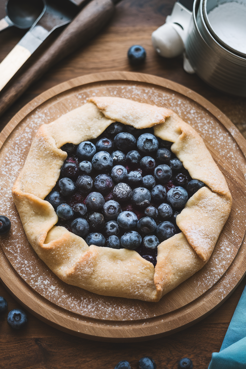 An indoor rustic wooden board with a round free-form blueberry galette, the crust folded to resemble a cratered moon surface. Photo only, no text or logos.