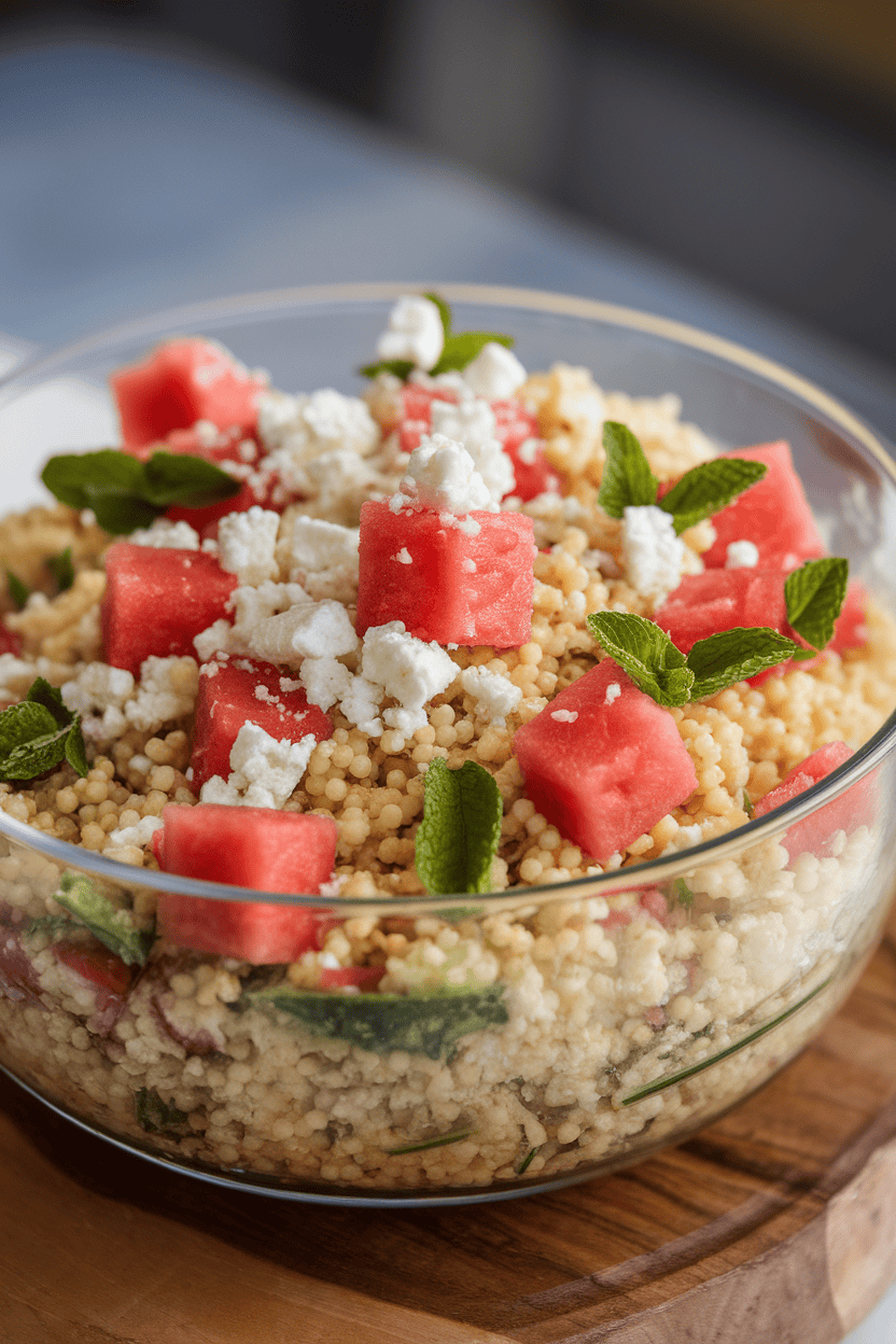 Indoor photo of couscous salad studded with watermelon cubes, feta crumbles, and mint leaves in a glass bowl. No text or logos.