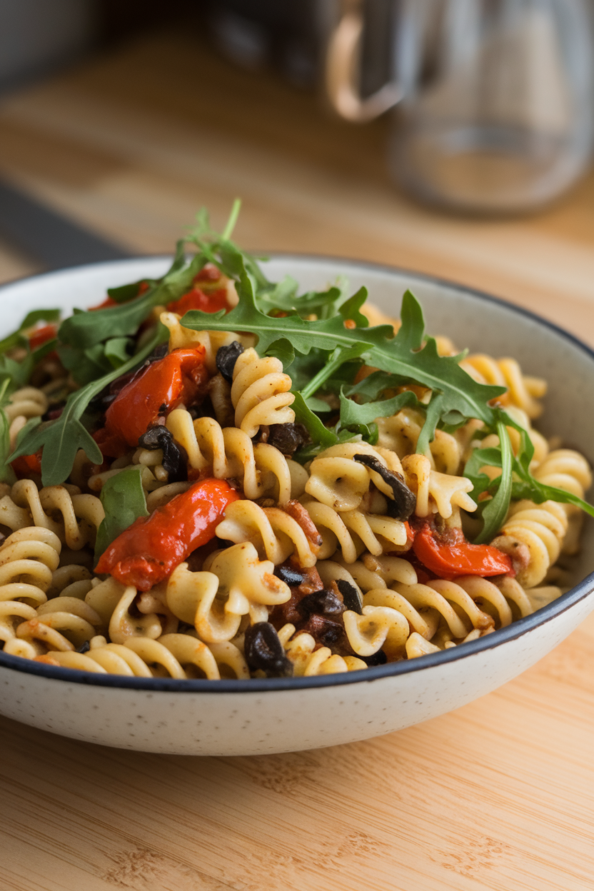 Photo, indoor bowl of whole-wheat fusilli tossed with olive tapenade, roasted red peppers, and arugula; no text or logos.