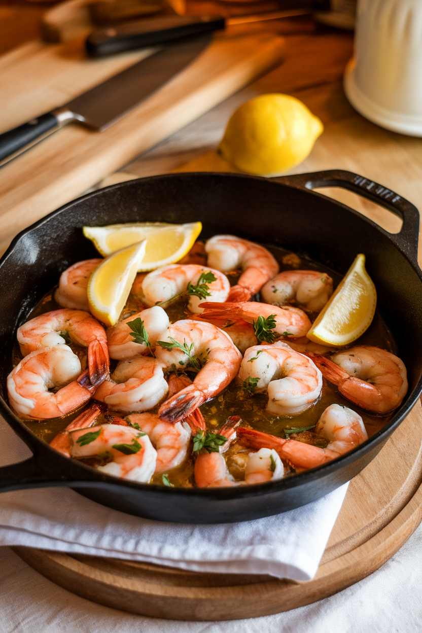 An indoor countertop scene with a cast-iron skillet filled with cooked pink shrimp in a glossy lemon-garlic sauce, garnished with parsley and lemon wedges. Warm lighting, no text or logos.