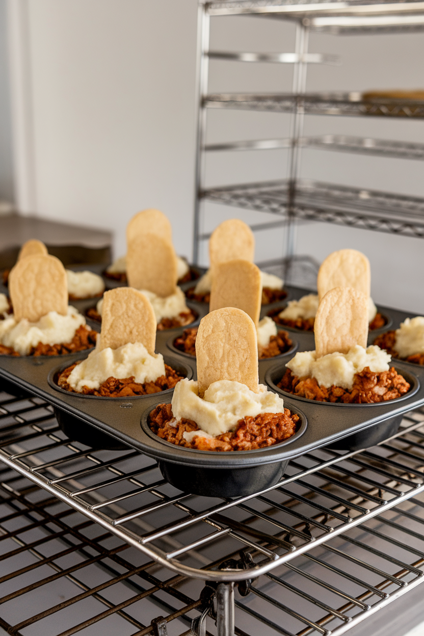 Photo of muffin-tin shepherd’s pies topped with mashed potatoes, tortilla tombstones inserted, indoor bakery rack. No text or logos.