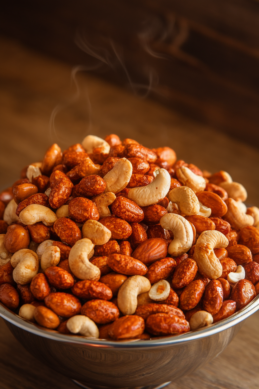 An indoor bar bowl brimming with mixed nuts glazed in a reddish spice blend, tiny wisps of steam still visible. No text or logos. Photo, not illustration.