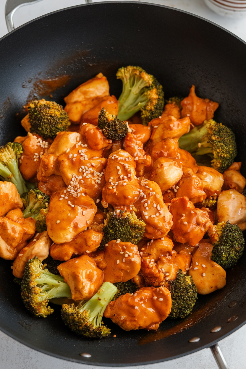 Indoor wok filled with bite-size chicken pieces coated in glossy orange sauce with broccoli florets, sesame seeds sprinkled on top. No text or logos.