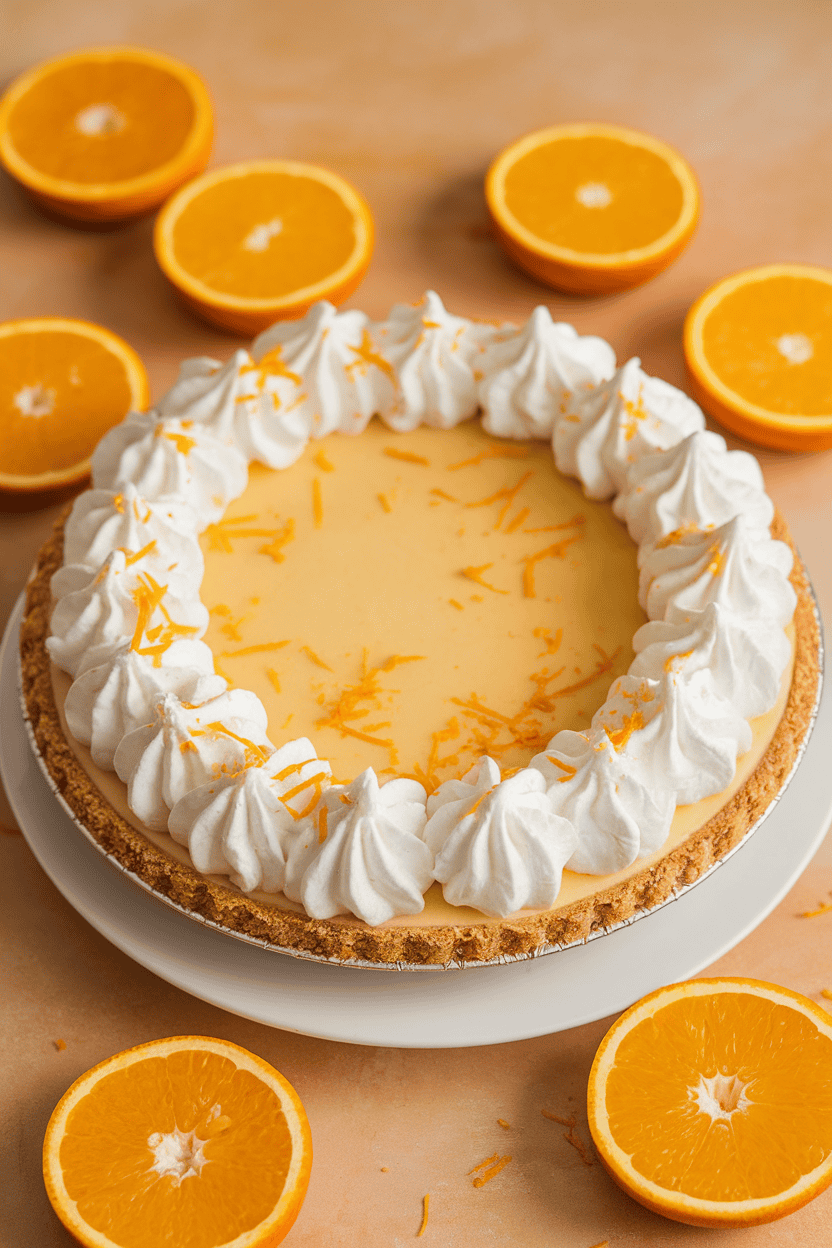 Indoor photo of a creamy orange pie with whipped topping and grated orange zest, no text or logos