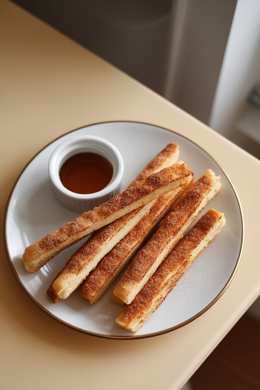 A plate on an indoor breakfast table featuring gluten-free bread sticks lightly browned and dusted with cinnamon sugar, maple syrup in a small ramekin beside them, shot three-quarter overhead. No text or logos anywhere.