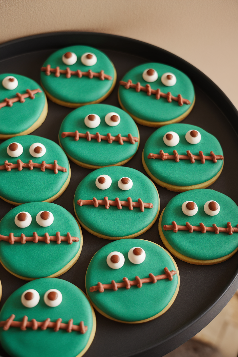 Indoor photo of green round cookies with lopsided mouths, candy eyes, and piped “stitches,” scattered on a black tray, no text or logos.