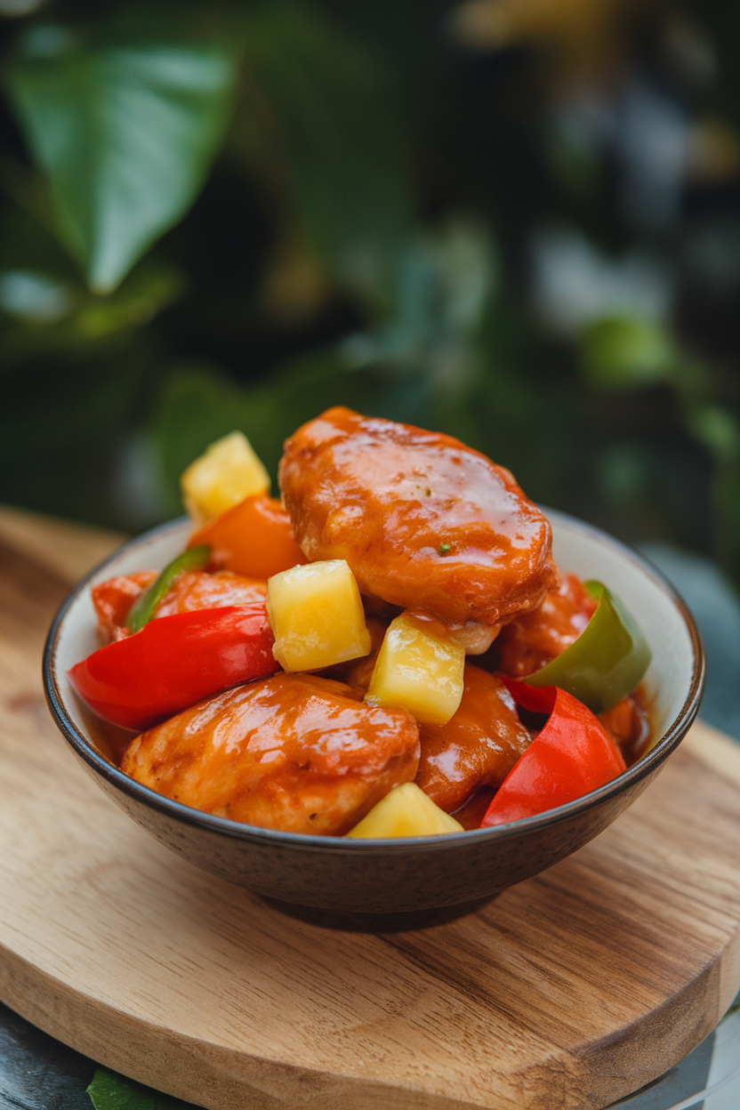 Indoor bowl of sweet-and-sour chicken breast bites with bell peppers and pineapple chunks, glossy sauce coating everything. No logos. Photo.
