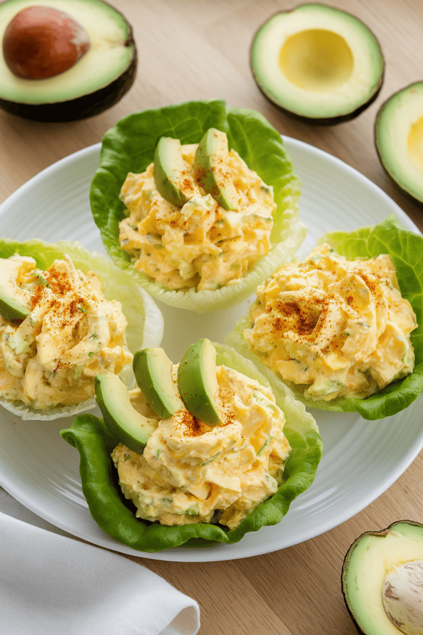Indoor plate of iceberg lettuce cups filled with creamy avocado egg salad, sprinkled with paprika, no branding