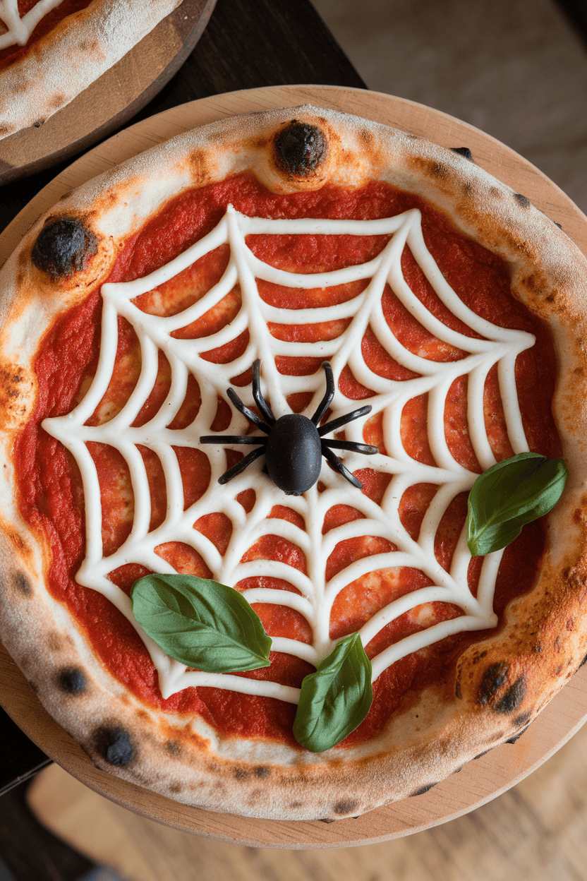Overhead indoor shot of a Margherita pizza with a white mozzarella “web” pattern piped over red sauce, a black olive spider resting in the center. No text or logos.