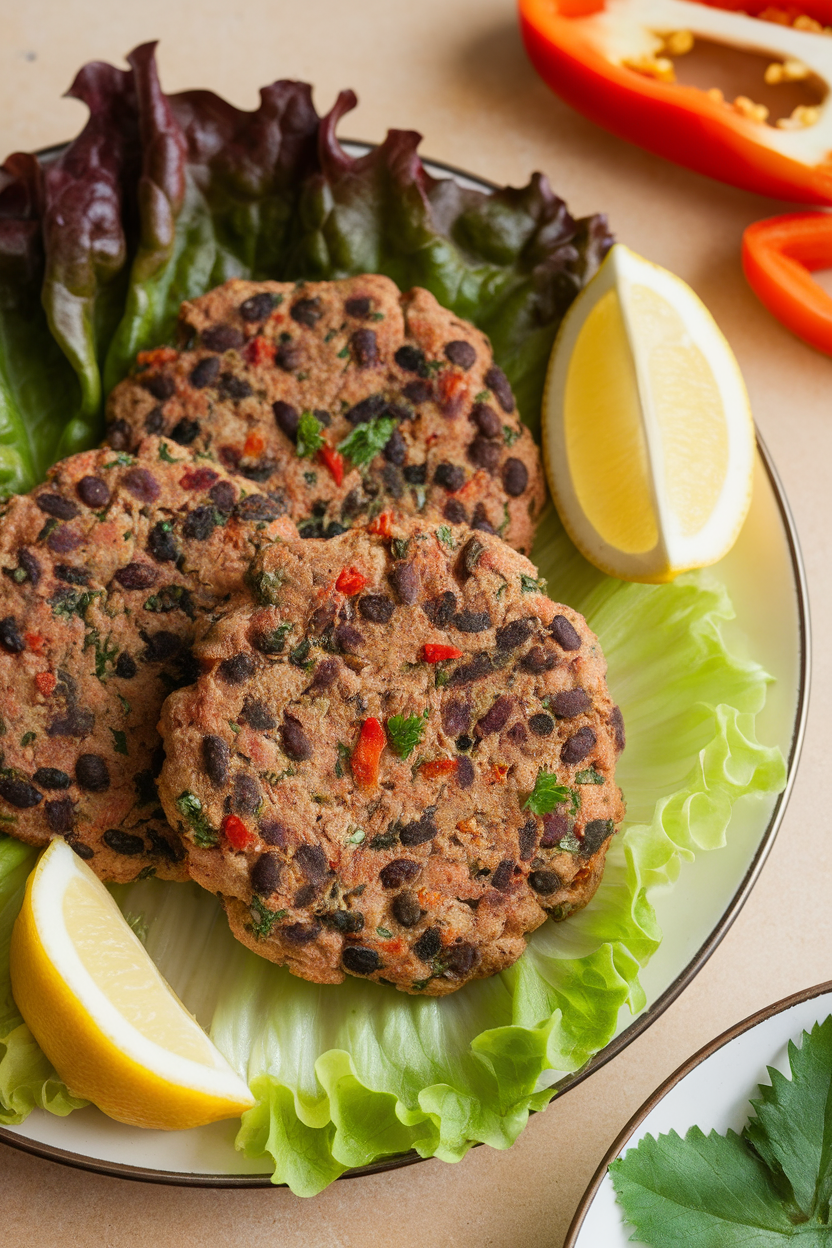 Photo, indoor board with cooked black bean patties flecked with red pepper and herbs, no buns visible; no text or logos.