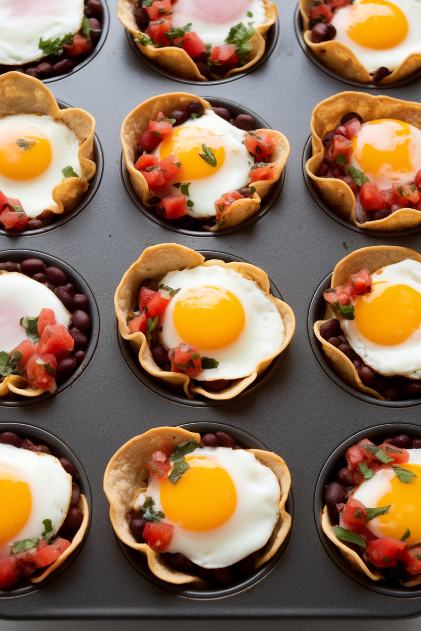 Indoor muffin tin containing baked tortilla cups filled with black beans, salsa, and sunny eggs, colors vibrant. No text or logos.