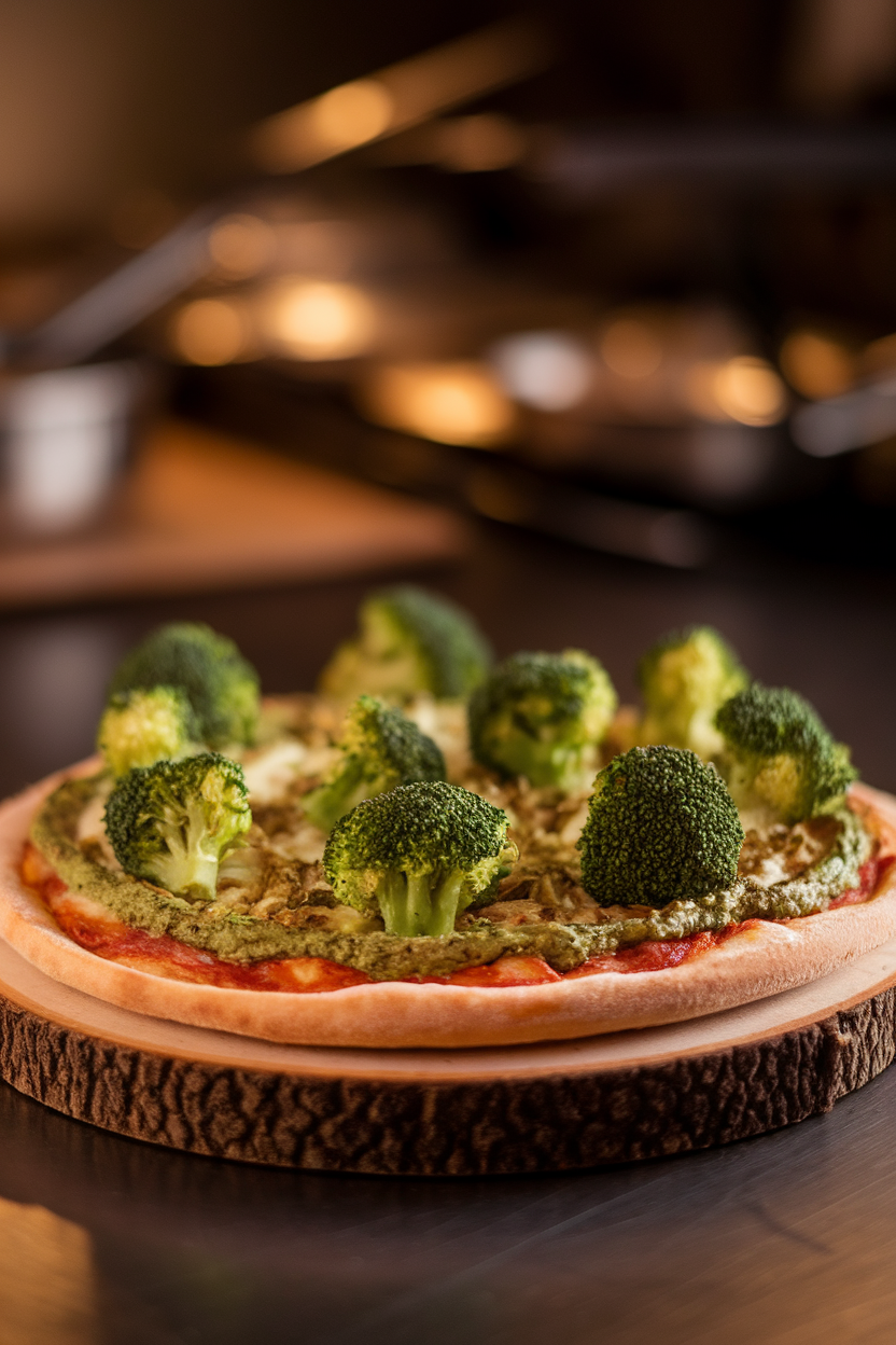 A pizza piled high with broccoli “trees” over green pesto, photographed indoors under warm lighting. Photo only, no text or logos.