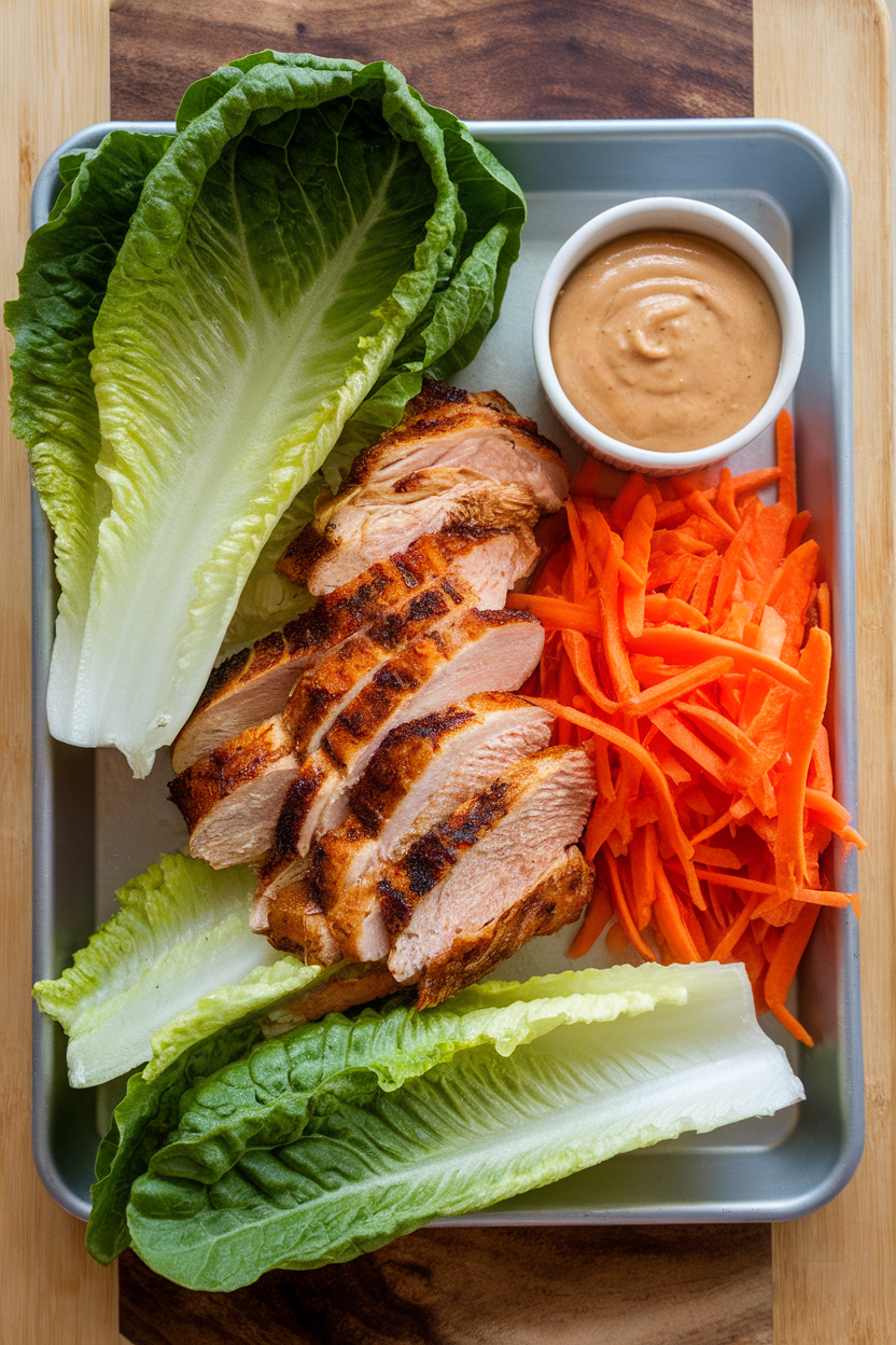 An indoor prep tray with romaine leaves, sliced grilled chicken, shredded carrots, and a small cup of peanut sauce. No text or logos; photo only.