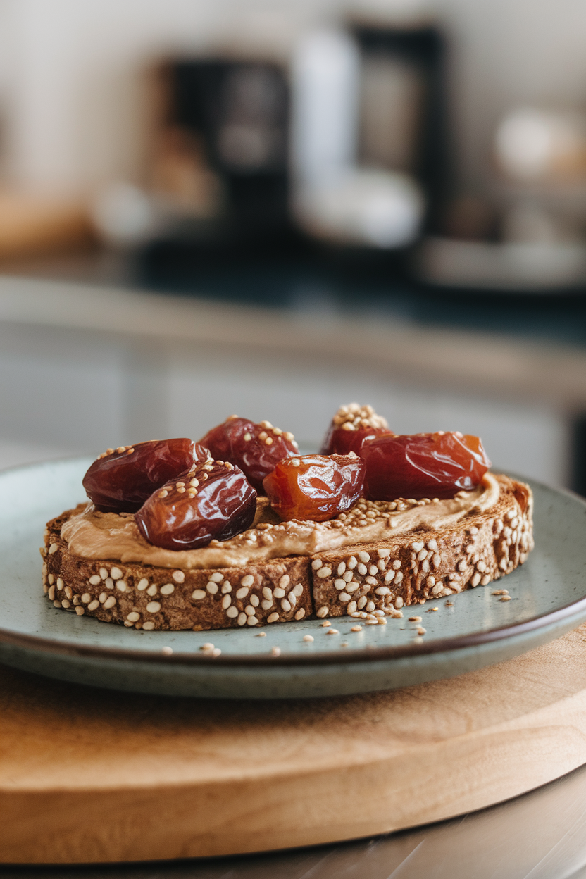 Photo of whole-grain toast spread with tahini, topped with sliced dates and sesame seeds on an indoor plate. No text or logos.