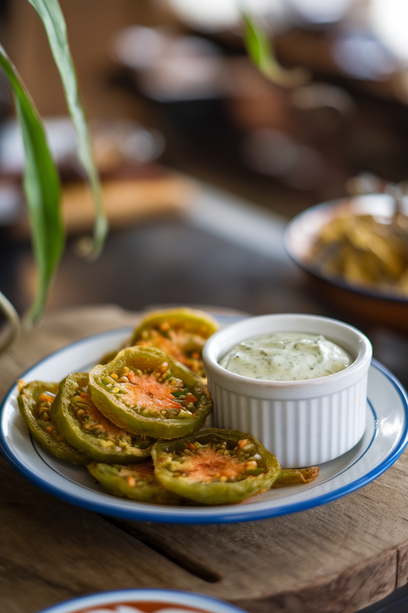 Indoor bistro-style plate of crispy fried green tomato slices accompanied by a ramekin of remoulade sauce, no text or logos. Photo.