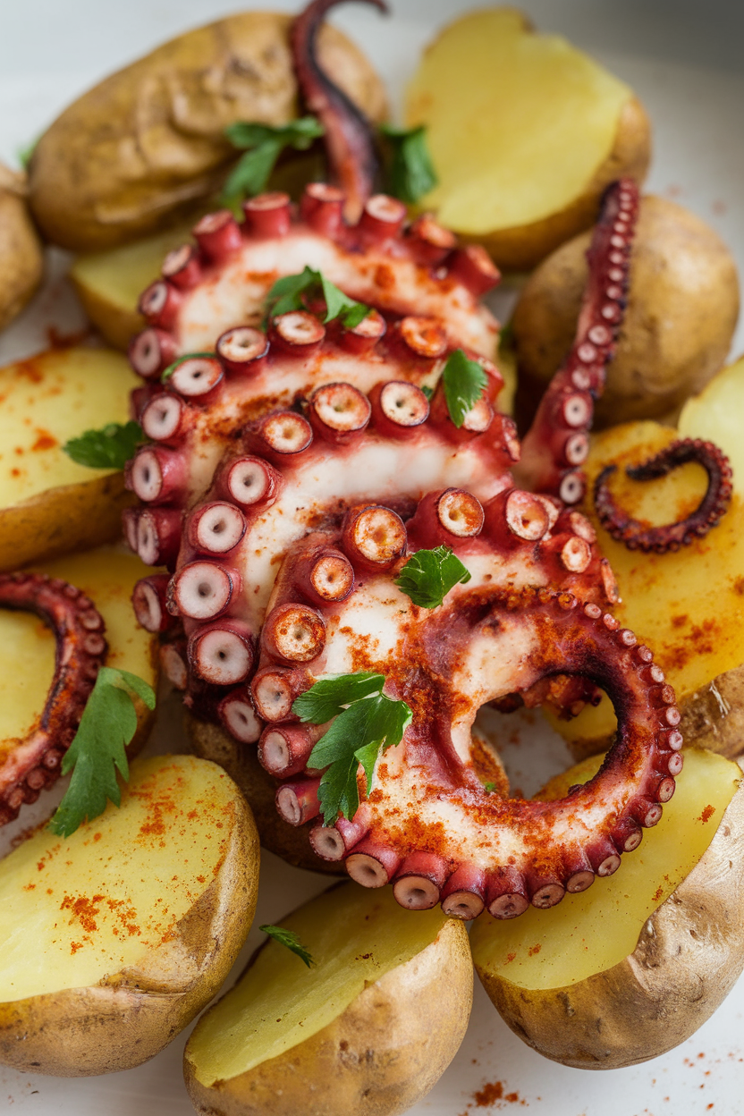Indoor shot of char-grilled cooked octopus slices on baby potatoes, sprinkled with smoked paprika and parsley. No logos or text.