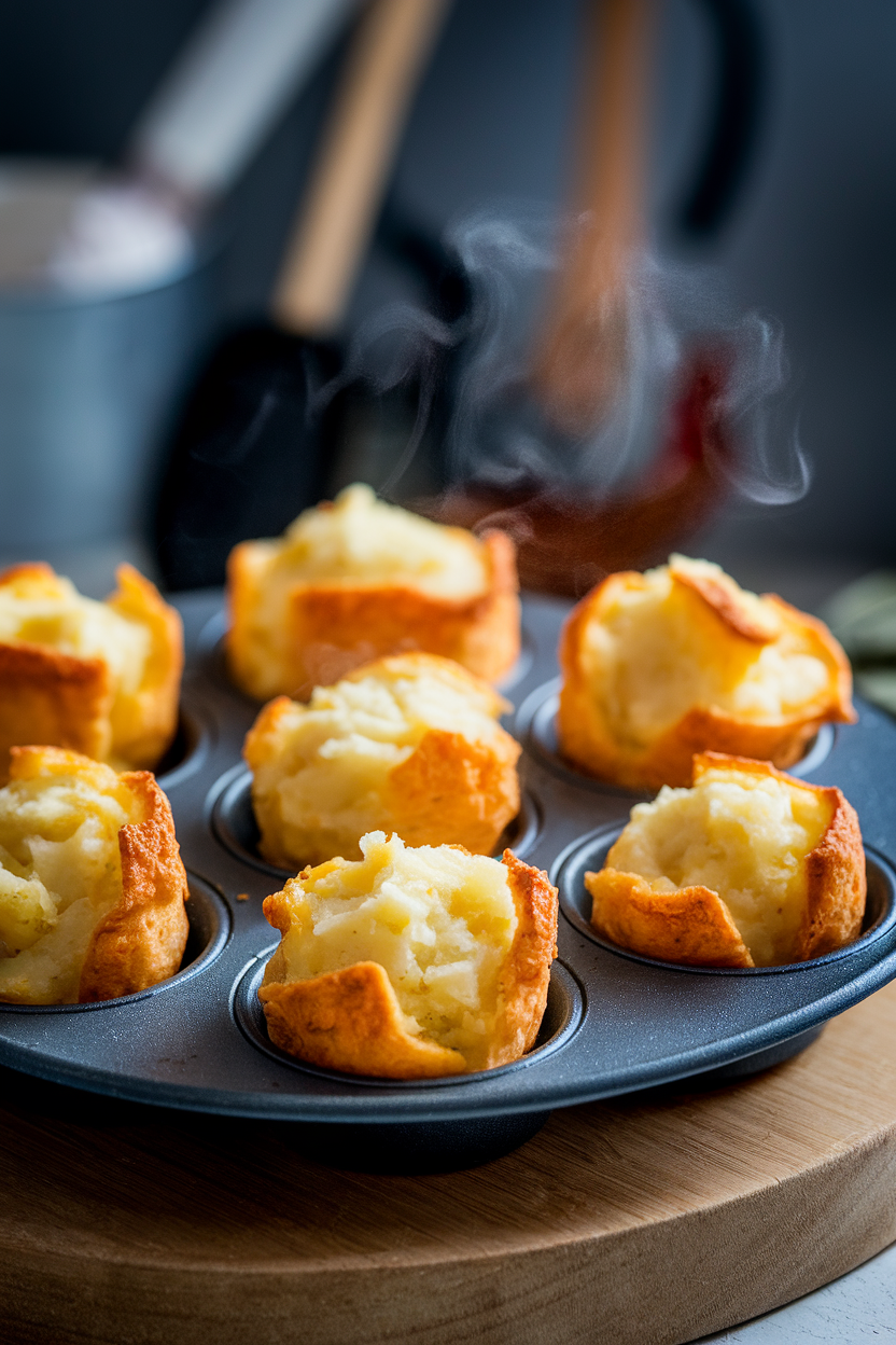 Indoor photo of golden mashed potato puffs in a mini muffin pan, steam rising slightly; no text or logos.
