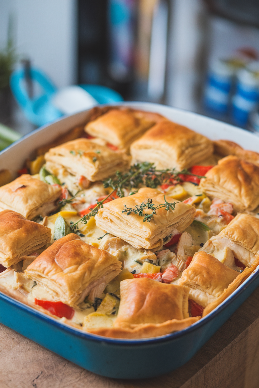 Indoor baking dish topped with flaky puff pastry squares covering creamy chicken and vegetable filling. No logos, photo.</Prompt