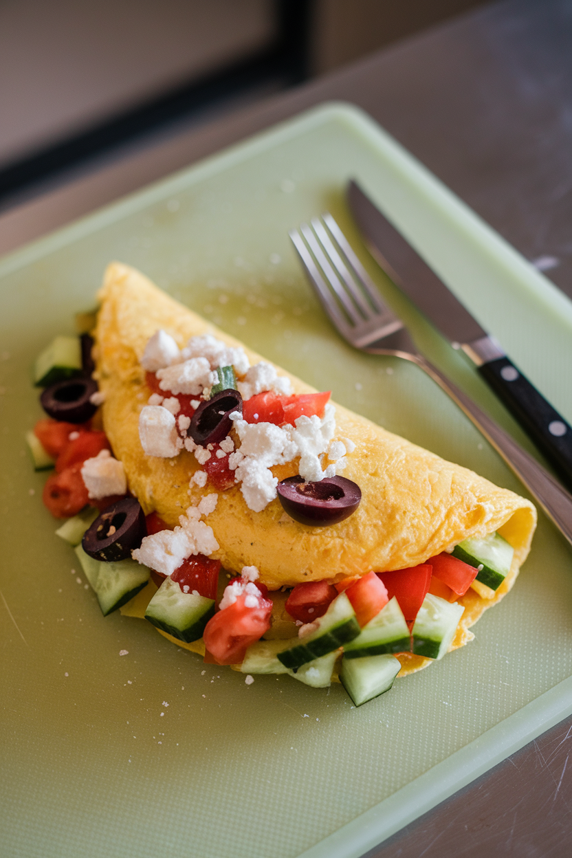 Photo of a thin omelet wrapped around diced cucumber, tomato, olives, and crumbled feta on an indoor cutting board. No text or logos.