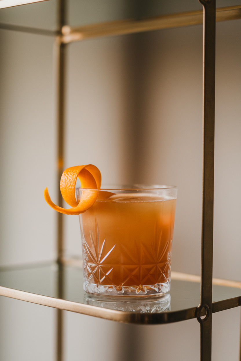 A softly lit indoor bar shelf with a crystal coupe of near-black Manhattan, garnished by a flamed orange peel curling over the rim. No logos or text visible. Photo, not illustration.