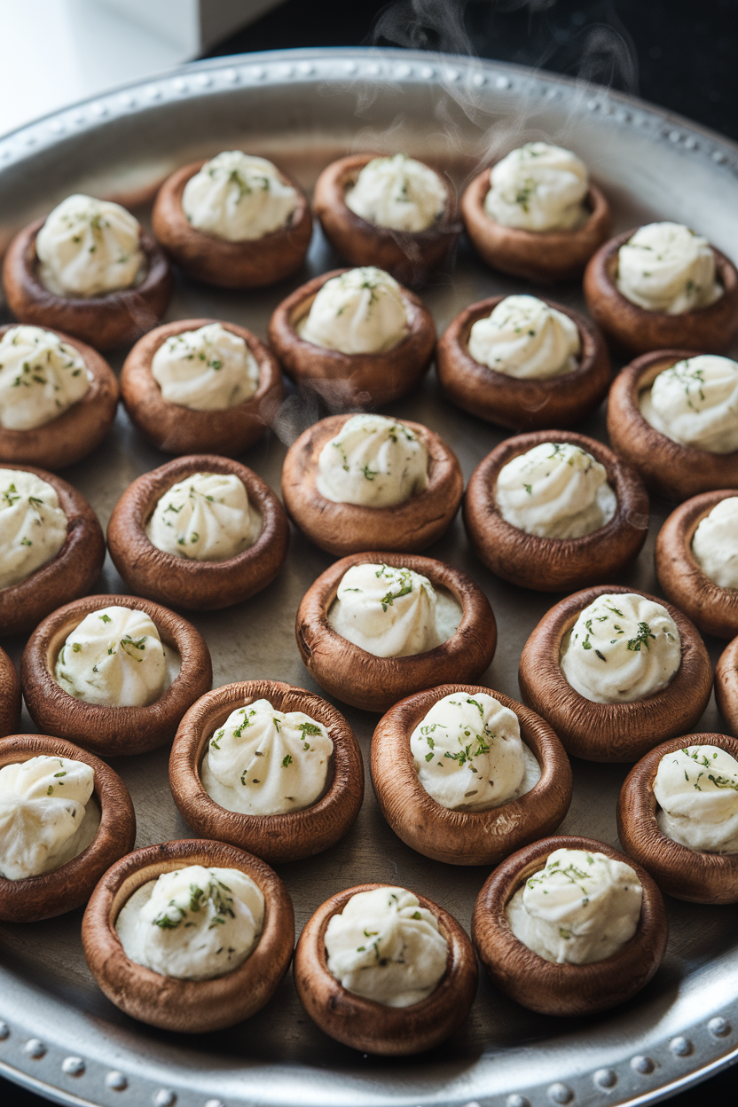 Indoor photo of roasted cremini mushroom caps filled with herbed ricotta, arranged in concentric circles on a pewter platter, wisps of steam visible. No text or logos.