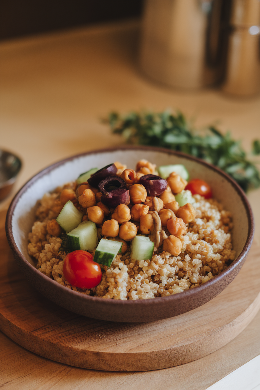 Indoor photo of a shallow ceramic bowl filled with fluffy quinoa topped with roasted chickpeas, diced cucumber, cherry tomatoes, olives, and a drizzle of tahini. Warm overhead lighting, no text or logos anywhere.