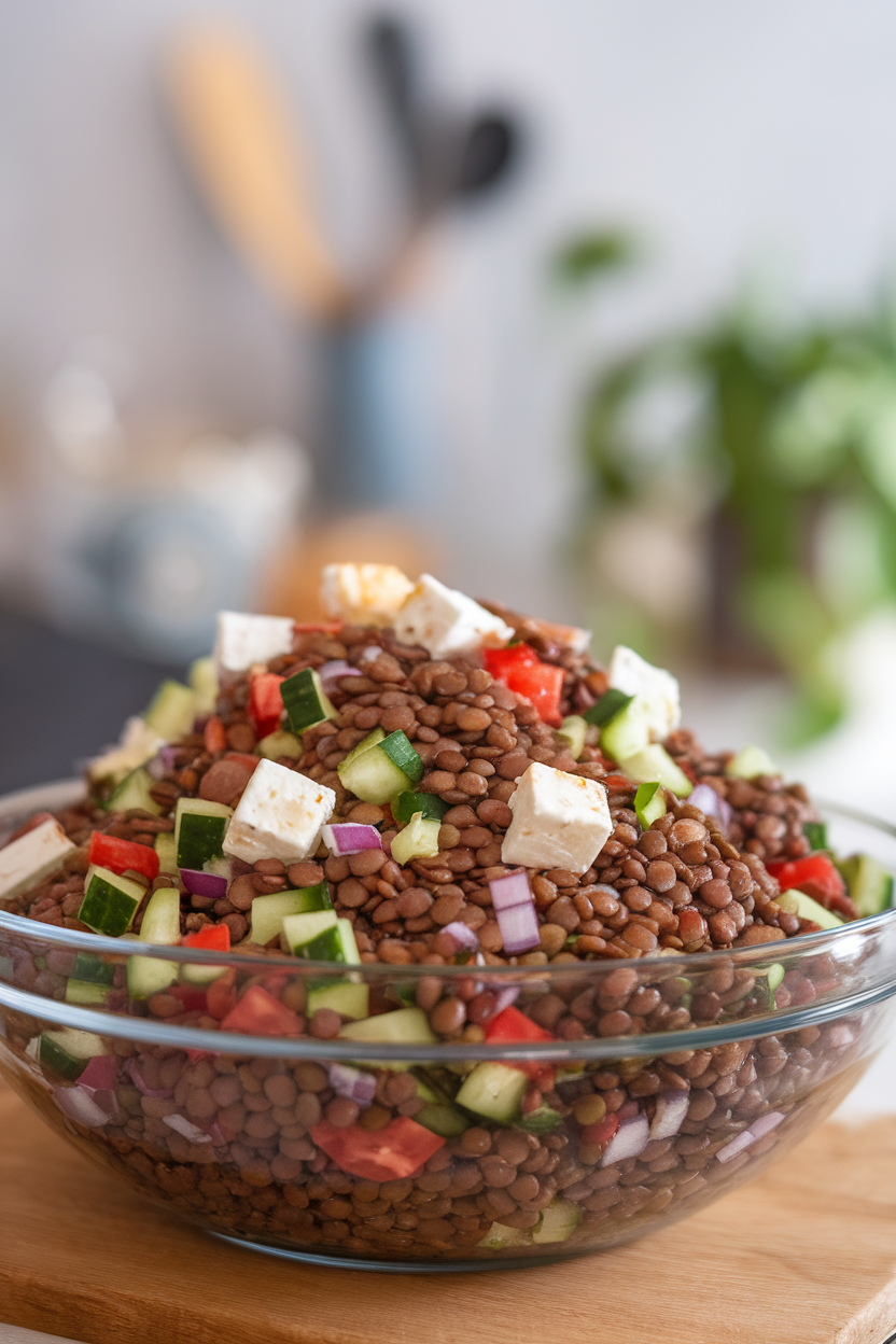 A wide salad bowl indoors with brown lentils tossed with diced cucumber, tomato, red onion, and feta cubes. No text or logos.