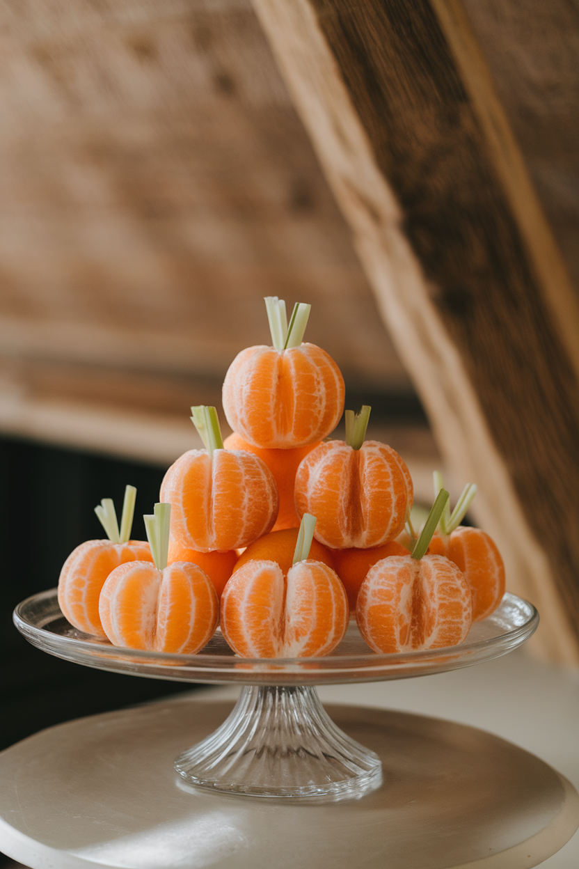 A glass cake stand indoors displaying peeled tangerines with small celery stick pieces as stems, arranged in a pyramid. No text or logos.