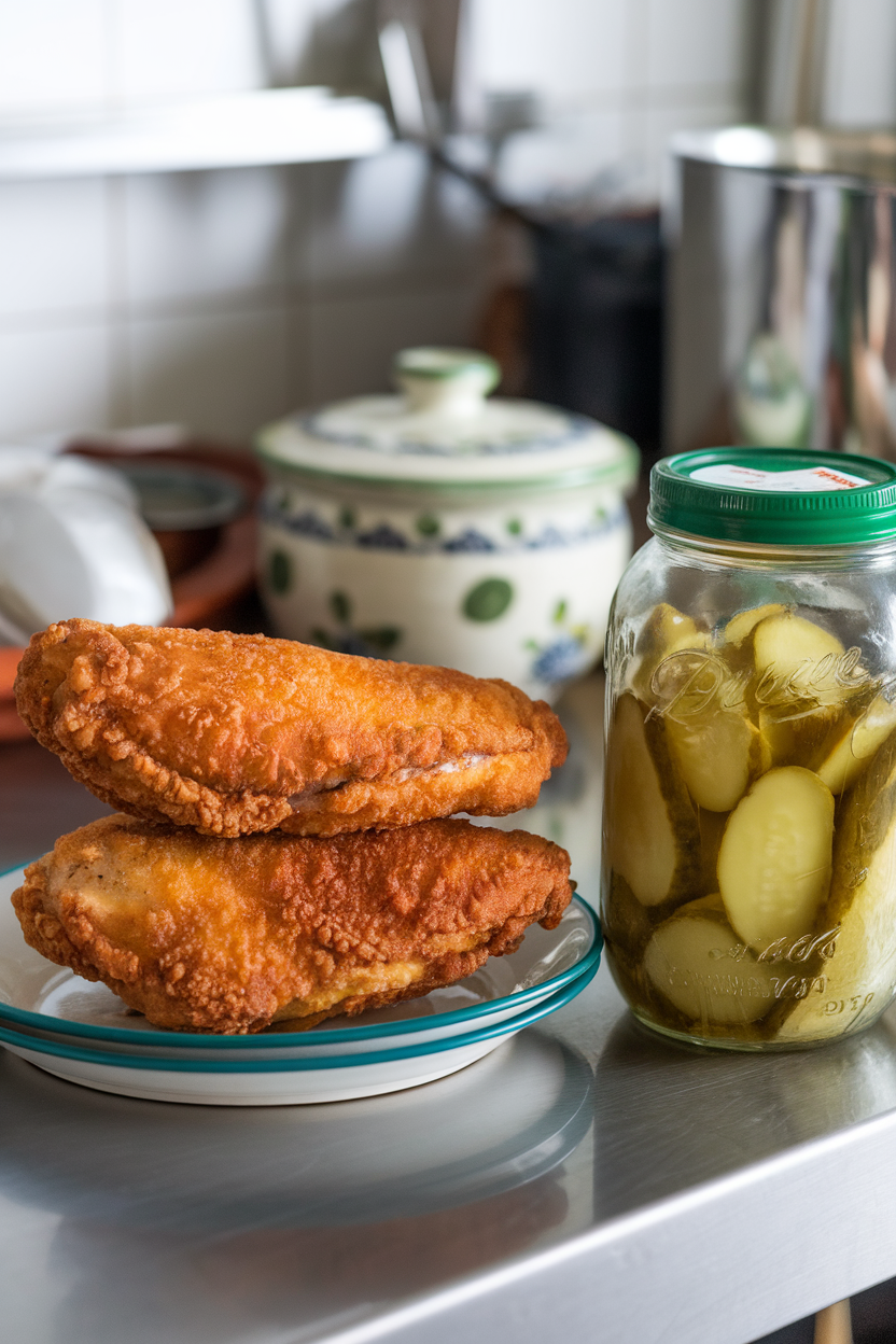 Indoor countertop with fried chicken breasts stacked next to a jar of dill pickles, crunchy crust visible, photo only, no text or logos