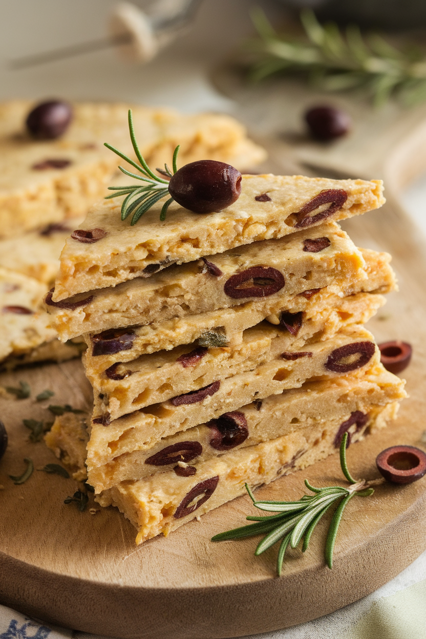 Indoor photo of triangular slices of chickpea farinata dotted with olives and rosemary, stacked slightly askew. Soft lighting, no logos.