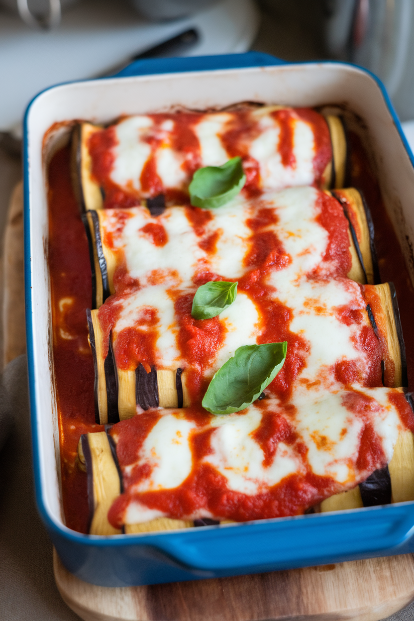 Photo of an indoor baking dish showing rolled eggplant slices stuffed with ricotta, topped with marinara and melted mozzarella; no text or logos.