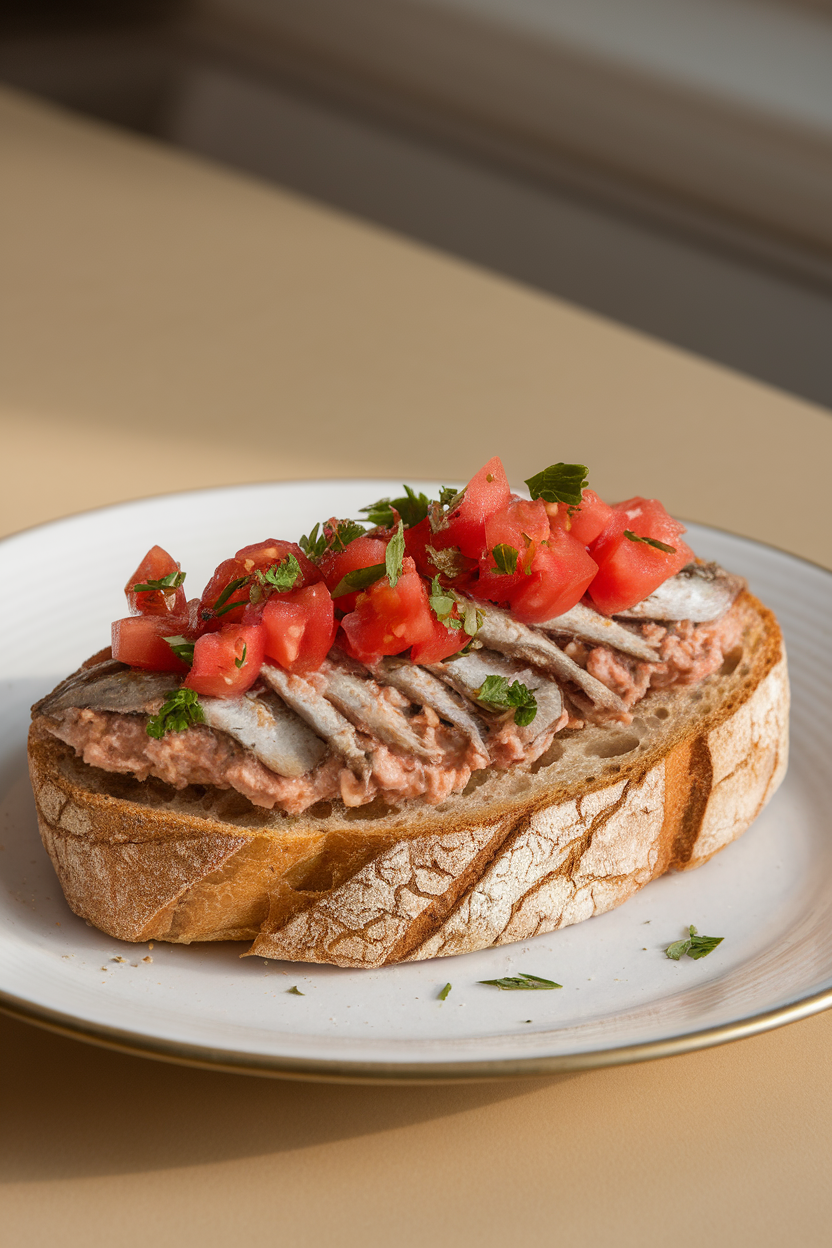 Photo of toasted rustic bread topped with mashed sardines, diced tomatoes, and parsley, photographed indoors under gentle daylight. No text or logos visible.